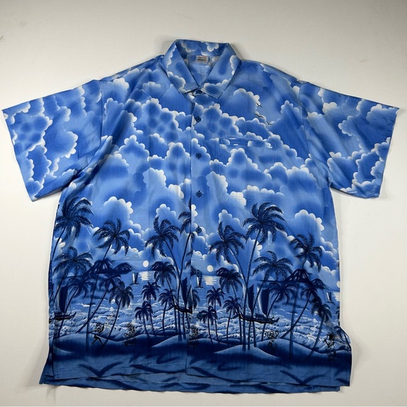 Happy Bay Men XL Hawaiian Palm Trees Beach Short Sleeve Button-Up %100 Terivoile - Picture 1 of 6